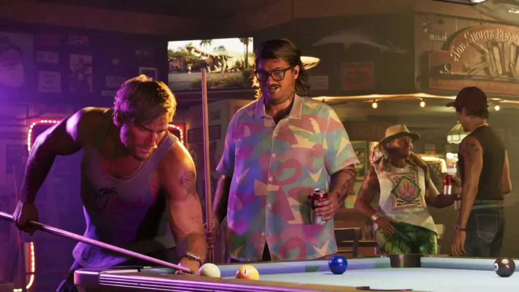 GTA 6 characters playing pool in a neon-lit bar