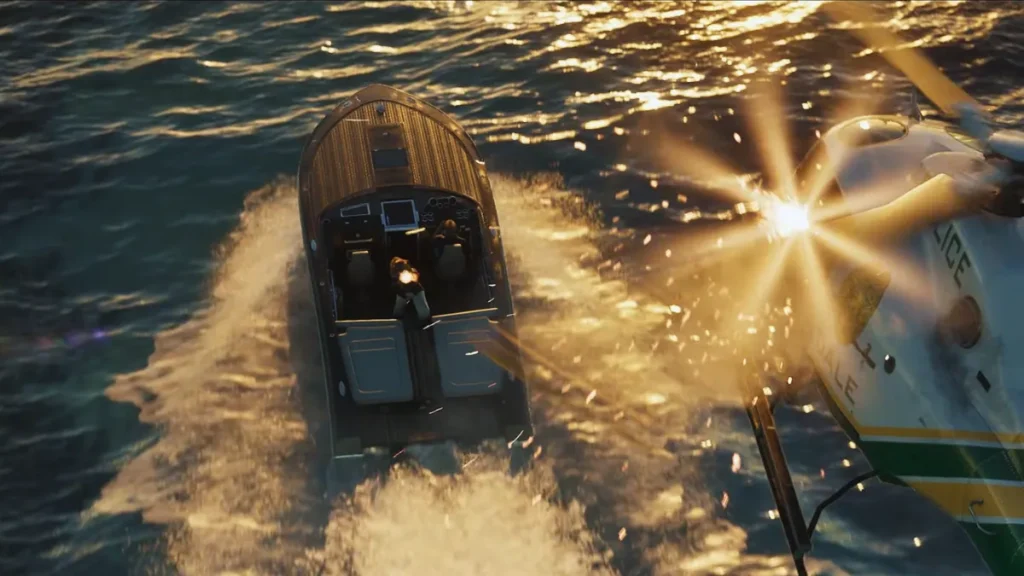 Will GTA 6 Have Destructible Buildings and Environments? Top-down view of a GTA 6 boat chase with a police helicopter firing on the fleeing characters over the ocean.