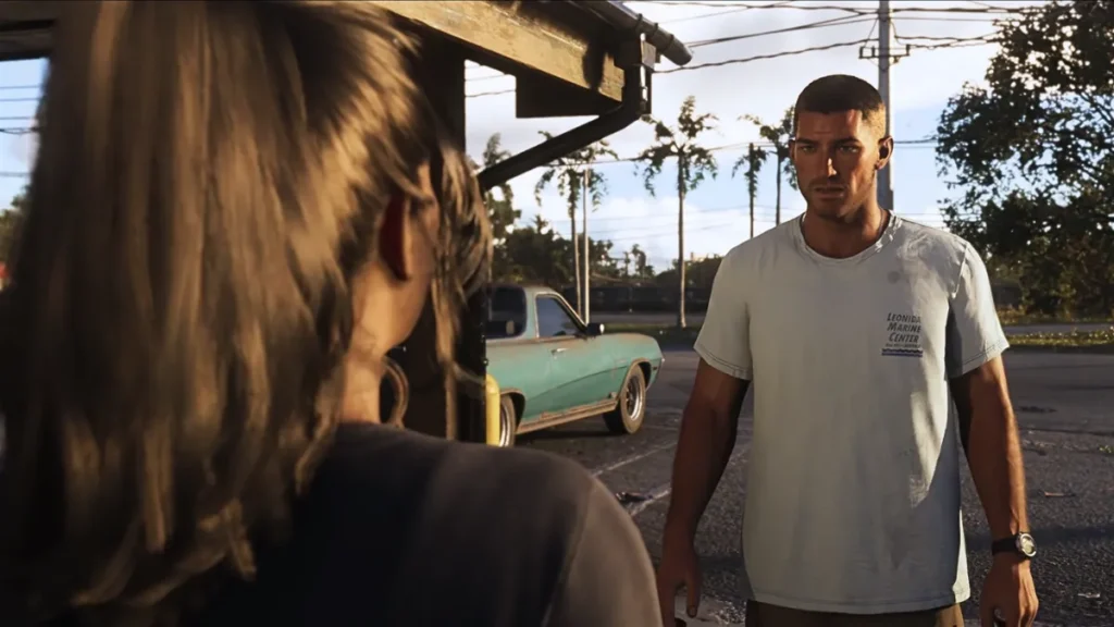 Jason and Lucia talk outside in GTA 6 Trailer 2 with a green vintage car in the background.