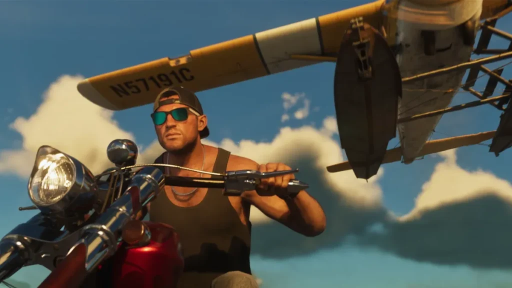 Jason riding a motorcycle in GTA 6 with a yellow seaplane flying closely overhead against a sunset sky.