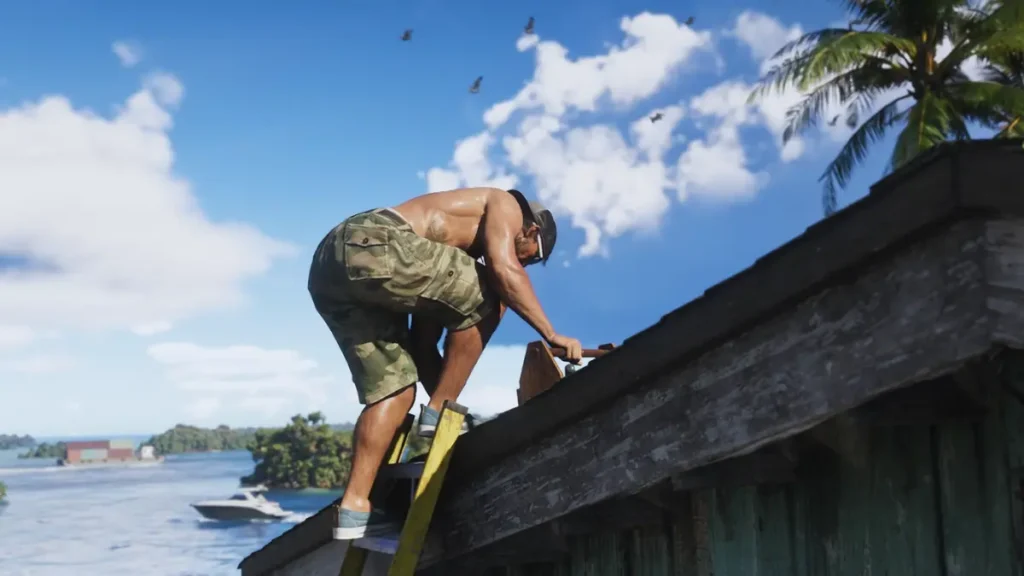 Jason Duval GTA 6’s Jason repairing a rooftop using a hammer in a close-up shot from Trailer 2, set in a tropical Vice City location.