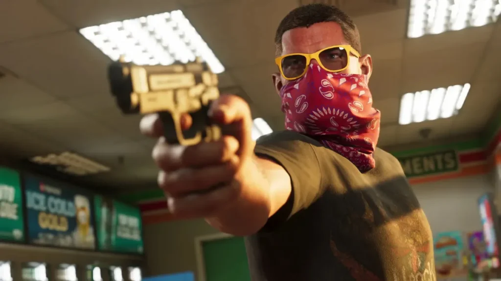 Jason Duval GTA 6 character Jason aiming golden handgun during store robbery scene