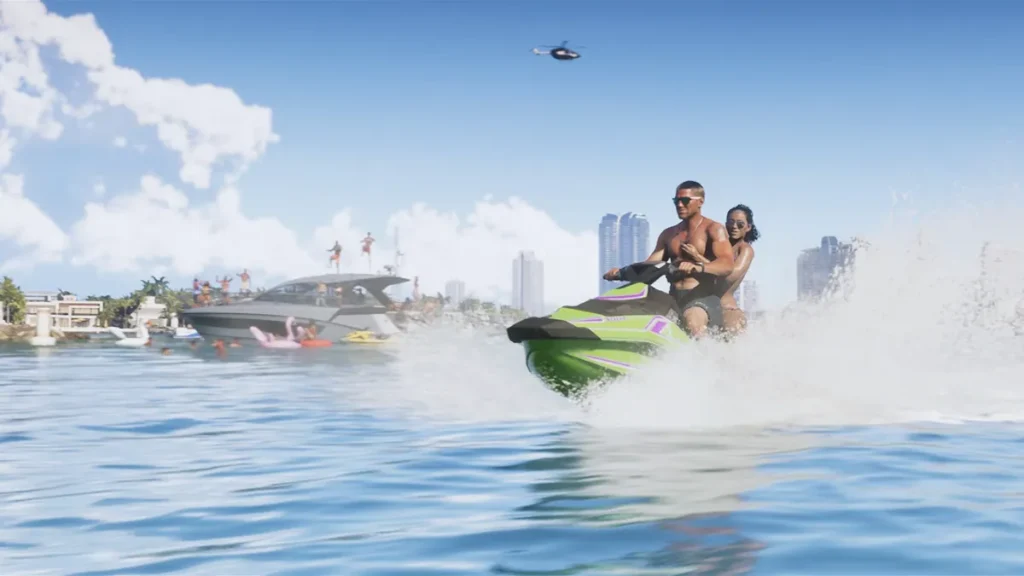 GTA 6 Map Full Breakdown — All Cities, Locations, and Details Explained GTA 6 jet ski scene showing two characters speeding past a party yacht in Vice City's waterfront skyline