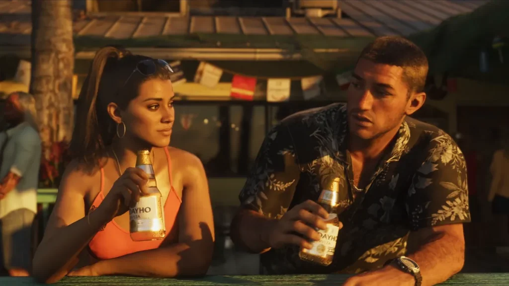 Jason Duval Lucia and Jason drinking beer at outdoor bar in GTA 6 Trailer 2 scene