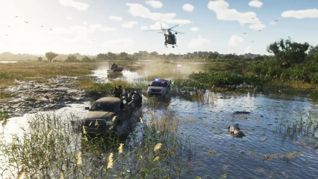 Will GTA 6 Feature a Fully Dynamic Weather System? GTA 6 police chase in swamp with helicopter and airboats