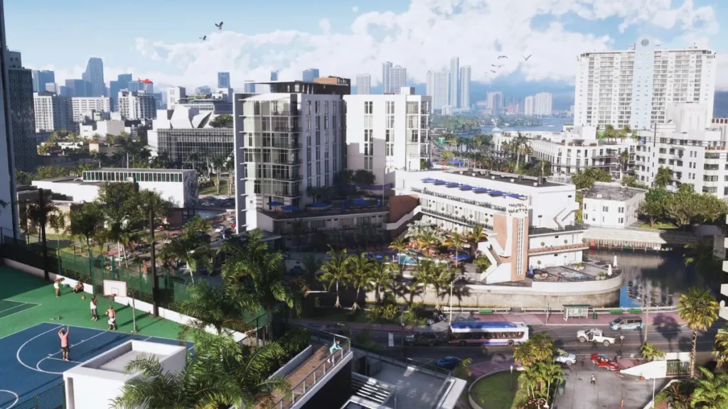 GTA 6 Map Full Breakdown — All Cities, Locations, and Details Explained Vice City downtown skyline with palm trees, high-rise buildings, and basketball court in GTA 6